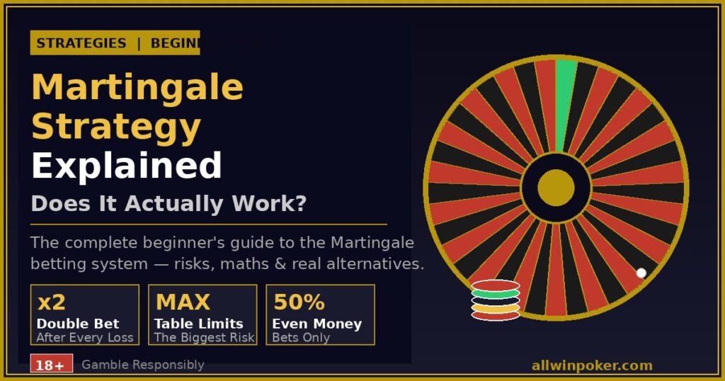 Martingale betting strategy guide showing roulette wheel and casino chips on AllWin Poker
