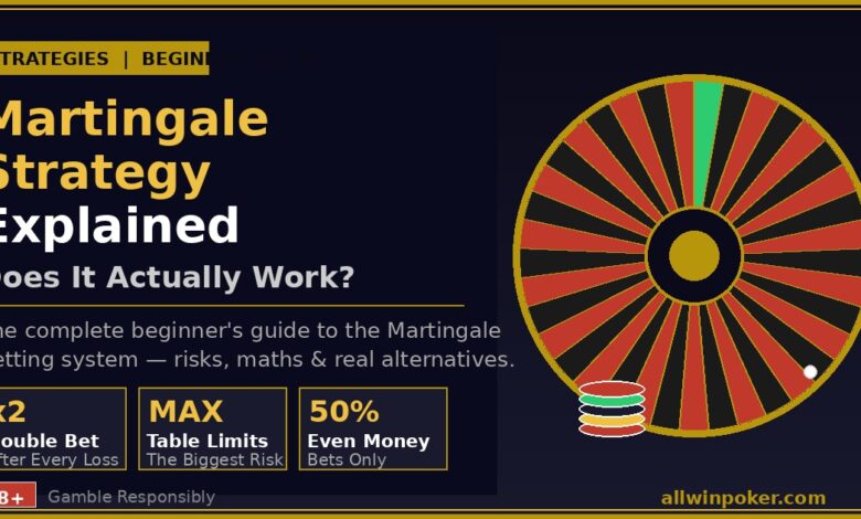 Martingale betting strategy guide showing roulette wheel and casino chips on AllWin Poker