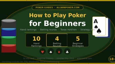 How to Play Poker for Beginners — Illustrated guide showing poker hand rankings, betting rounds and beginner strategies with playing cards and chips on AllWinPoker.com